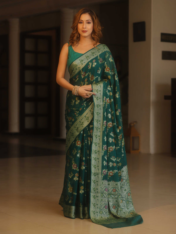 Banarasee Pure Chiffon Saree With Resham Jaal Design & Border-Bottle Green