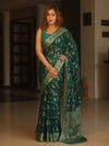 Banarasee Pure Chiffon Saree With Resham Jaal Design & Border-Bottle Green
