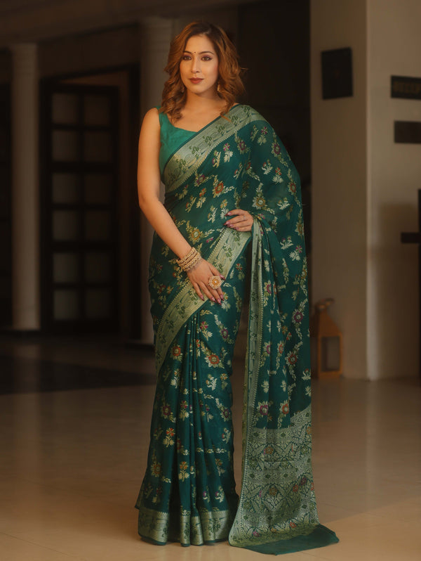 Banarasee Pure Chiffon Saree With Resham Jaal Design & Border-Bottle Green