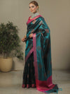 Banarasee Handwoven Contrast Border Tissue Saree-Dark Teal Green
