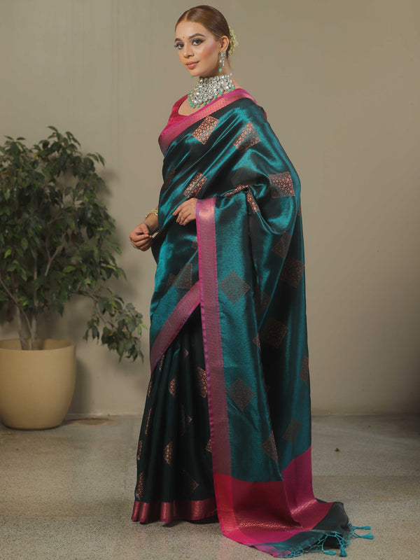 Banarasee Handwoven Contrast Border Tissue Saree-Dark Teal Green