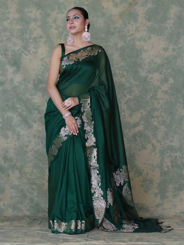 Banarasee Handloom Cotton Silk Plain Saree With Gold Zari Border-Deep Green