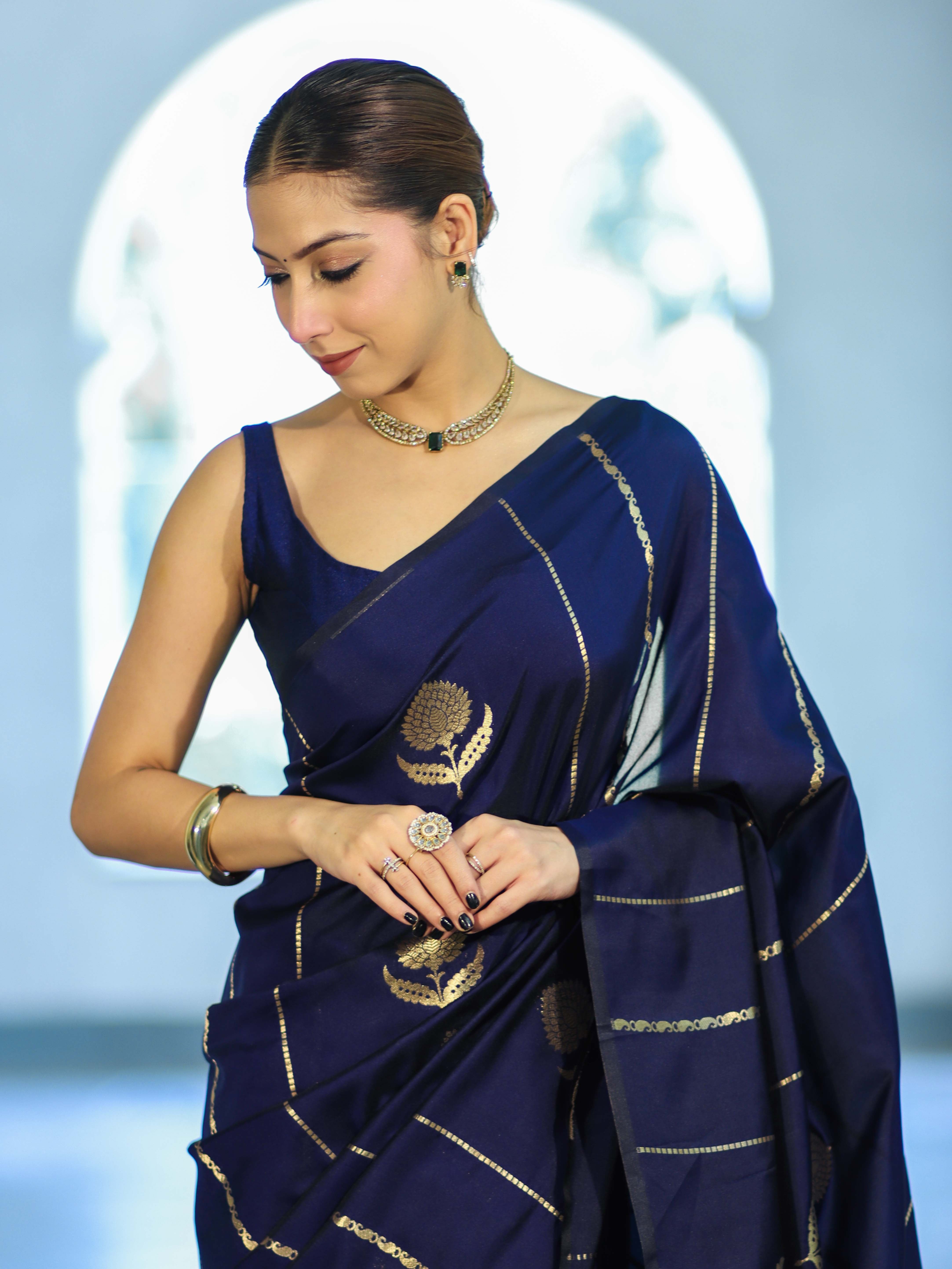 Banarasee Dual Tone Semi Katan Saree With Zari Stripe & Buta Design-Blue (Black Tone)