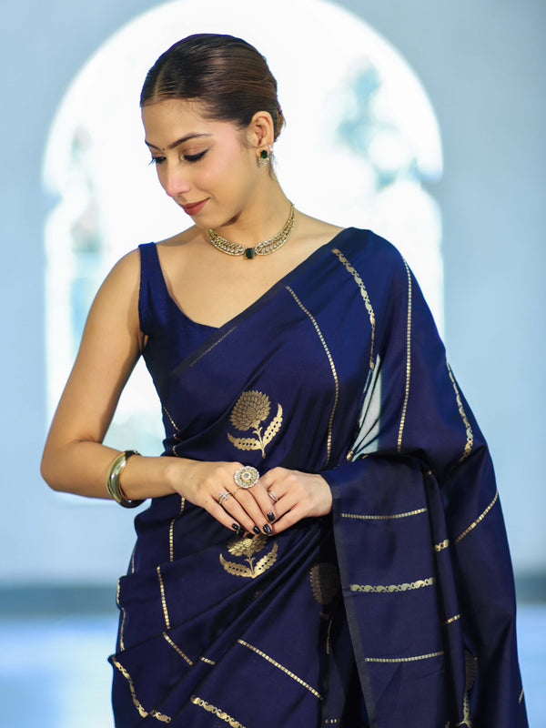 Banarasee Dual Tone Semi Katan Saree With Zari Stripe & Buta Design-Blue (Black Tone)
