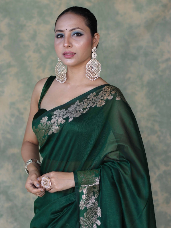 Banarasee Handloom Cotton Silk Plain Saree With Gold Zari Border-Deep Green