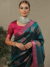 Banarasee Handwoven Contrast Border Tissue Saree-Dark Teal Green