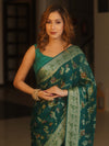Banarasee Pure Chiffon Saree With Resham Jaal Design & Border-Bottle Green