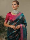 Banarasee Handwoven Contrast Border Tissue Saree-Dark Teal Green
