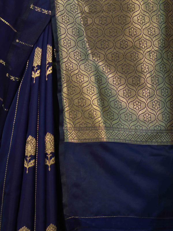 Banarasee Dual Tone Semi Katan Saree With Zari Stripe & Buta Design-Blue (Black Tone)