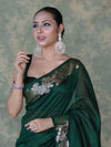 Banarasee Handloom Cotton Silk Plain Saree With Gold Zari Border-Deep Green