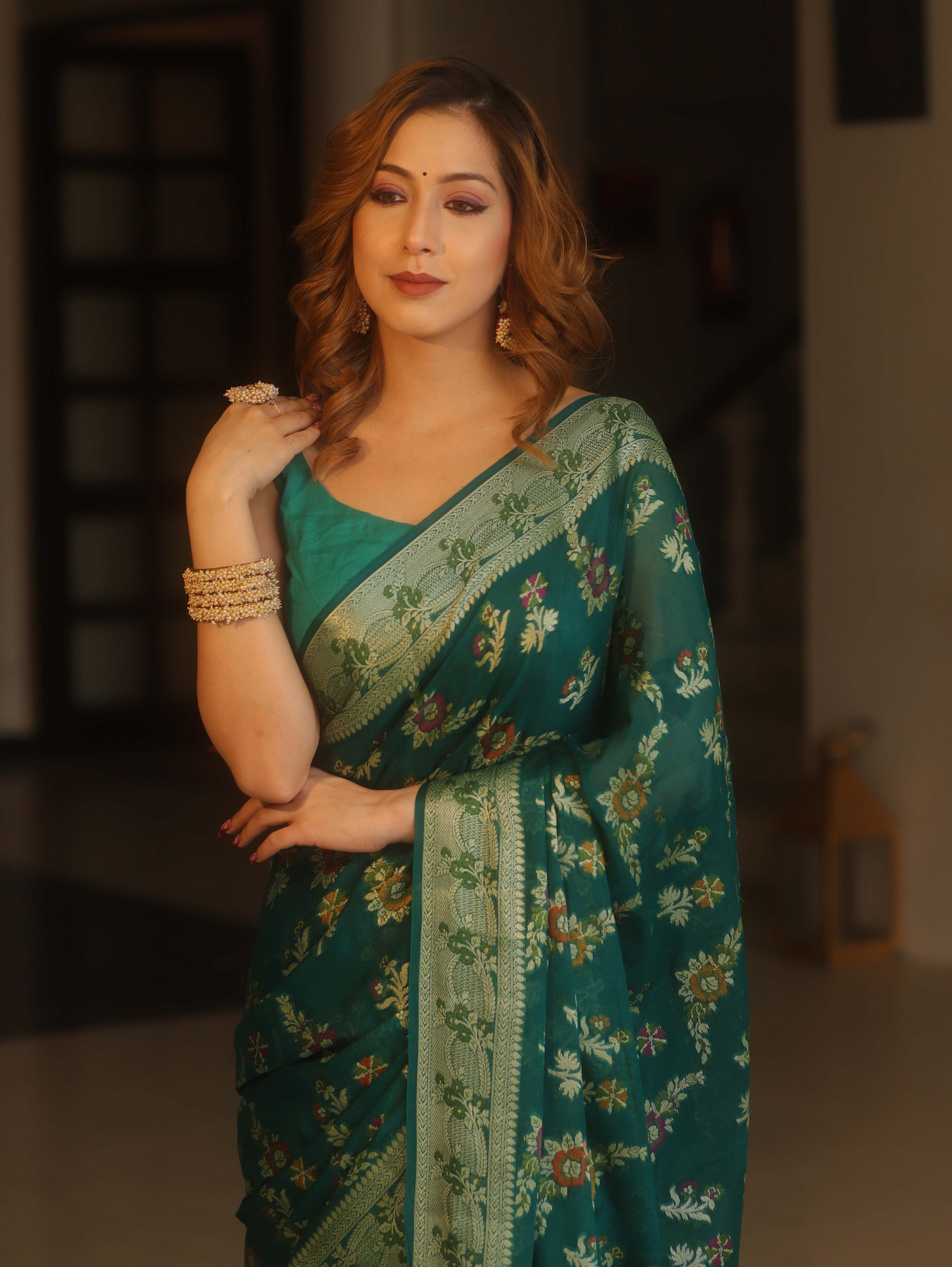 Banarasee Pure Chiffon Saree With Resham Jaal Design & Border-Bottle Green
