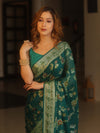 Banarasee Pure Chiffon Saree With Resham Jaal Design & Border-Bottle Green
