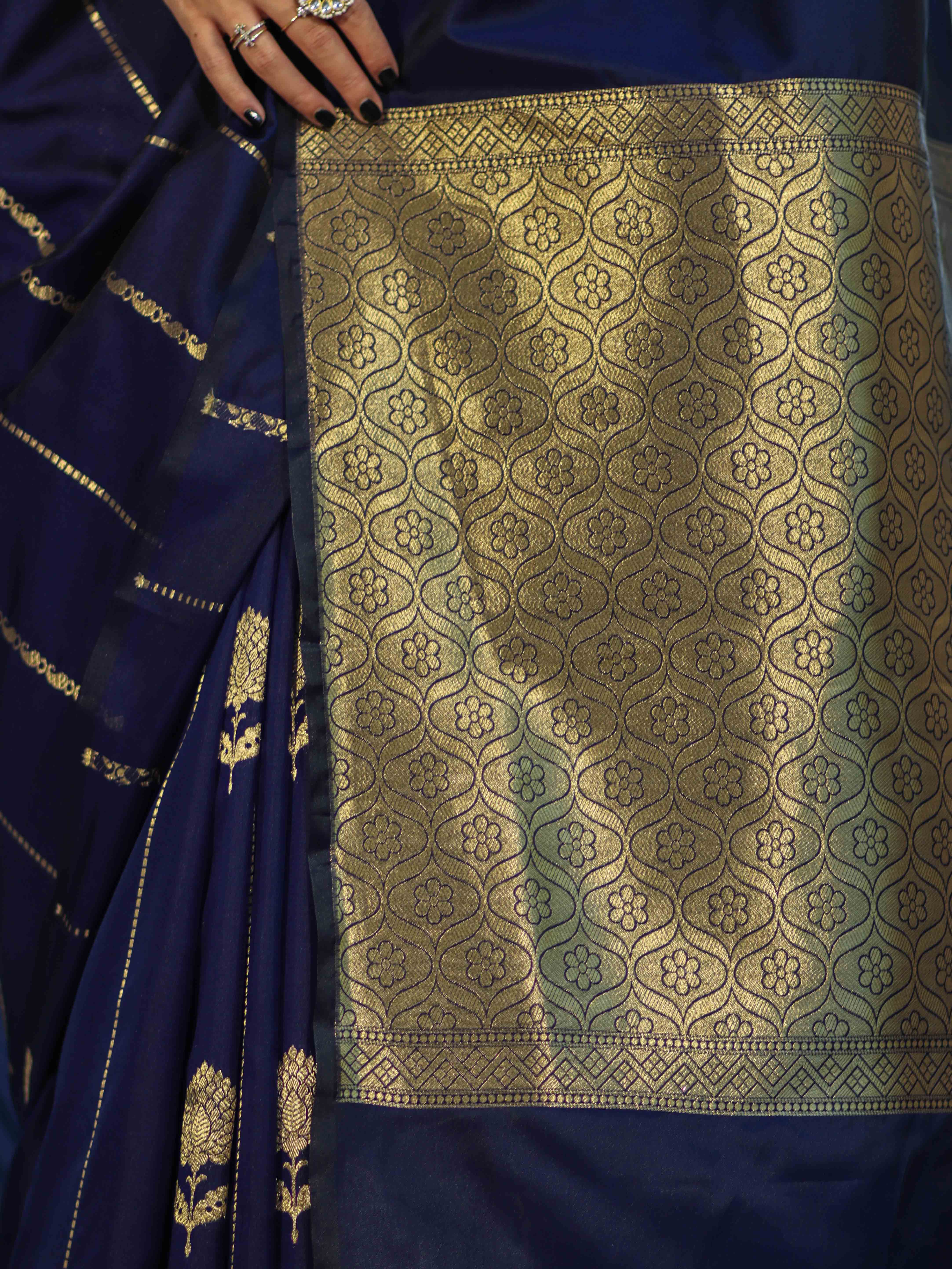 Banarasee Dual Tone Semi Katan Saree With Zari Stripe & Buta Design-Blue (Black Tone)