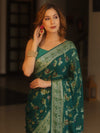 Banarasee Pure Chiffon Saree With Resham Jaal Design & Border-Bottle Green