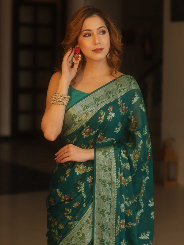 Banarasee Pure Chiffon Saree With Resham Jaal Design & Border-Bottle Green