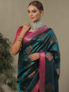 Banarasee Handwoven Contrast Border Tissue Saree-Dark Teal Green