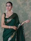 Banarasee Handloom Cotton Silk Plain Saree With Gold Zari Border-Deep Green