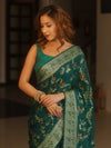 Banarasee Pure Chiffon Saree With Resham Jaal Design & Border-Bottle Green