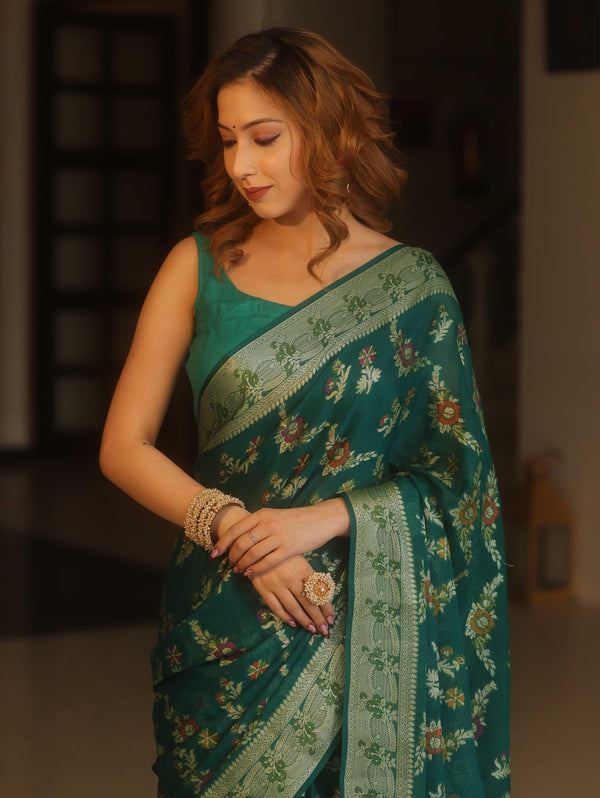 Banarasee Pure Chiffon Saree With Resham Jaal Design & Border-Bottle Green