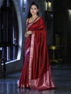Banarasee Handloom Semi Silk Plain Saree With Floral Zari Border-Deep Maroon