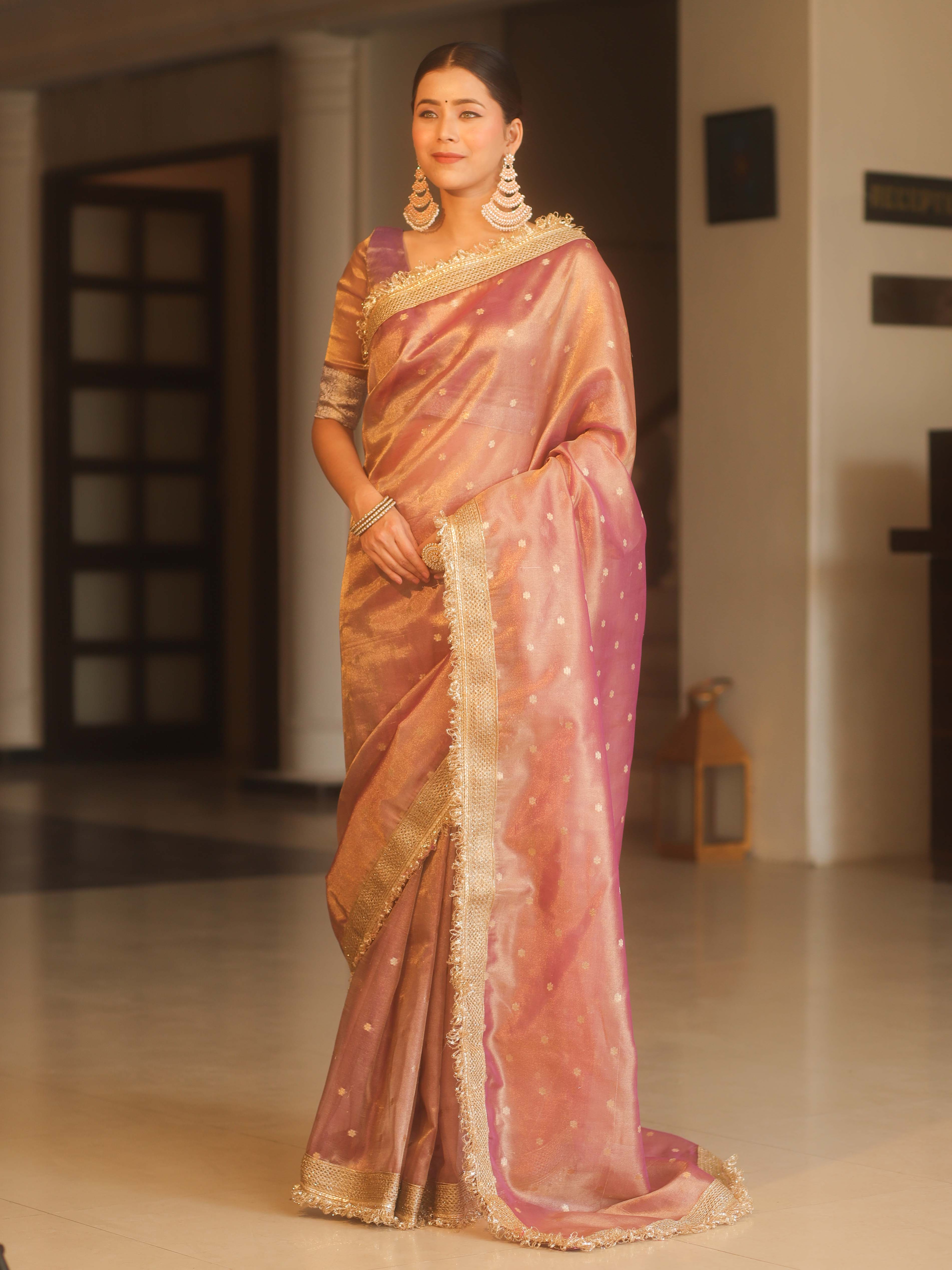 Banarasee Handwoven Tissue Saree Zari Buti With Lace-Purple