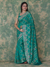 Banarasee Handloom Semi Silk Bandhej Saree With Broad Zari Floral Border-Turquoise Green