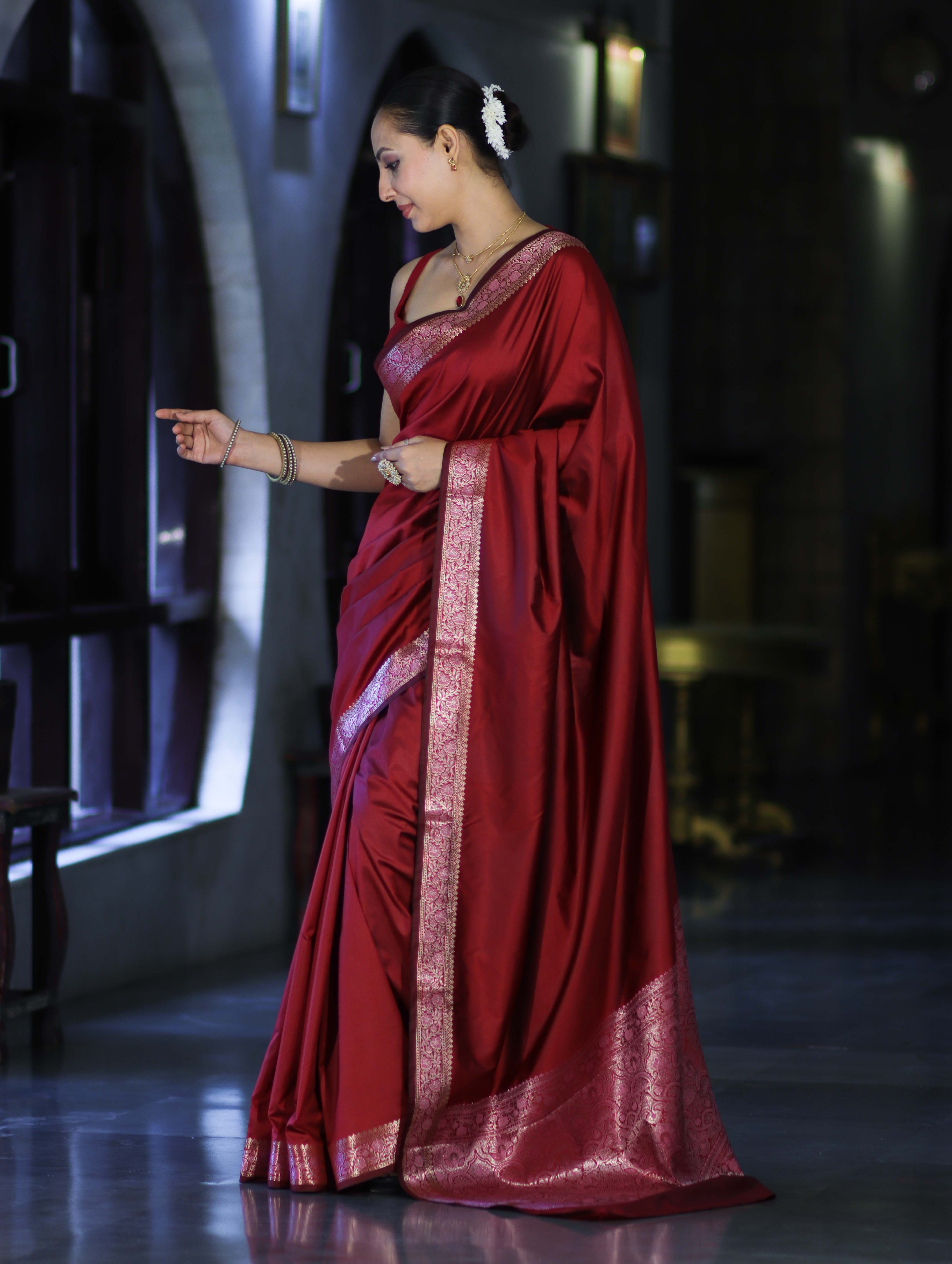 Banarasee Handloom Semi Silk Plain Saree With Floral Zari Border-Deep Maroon