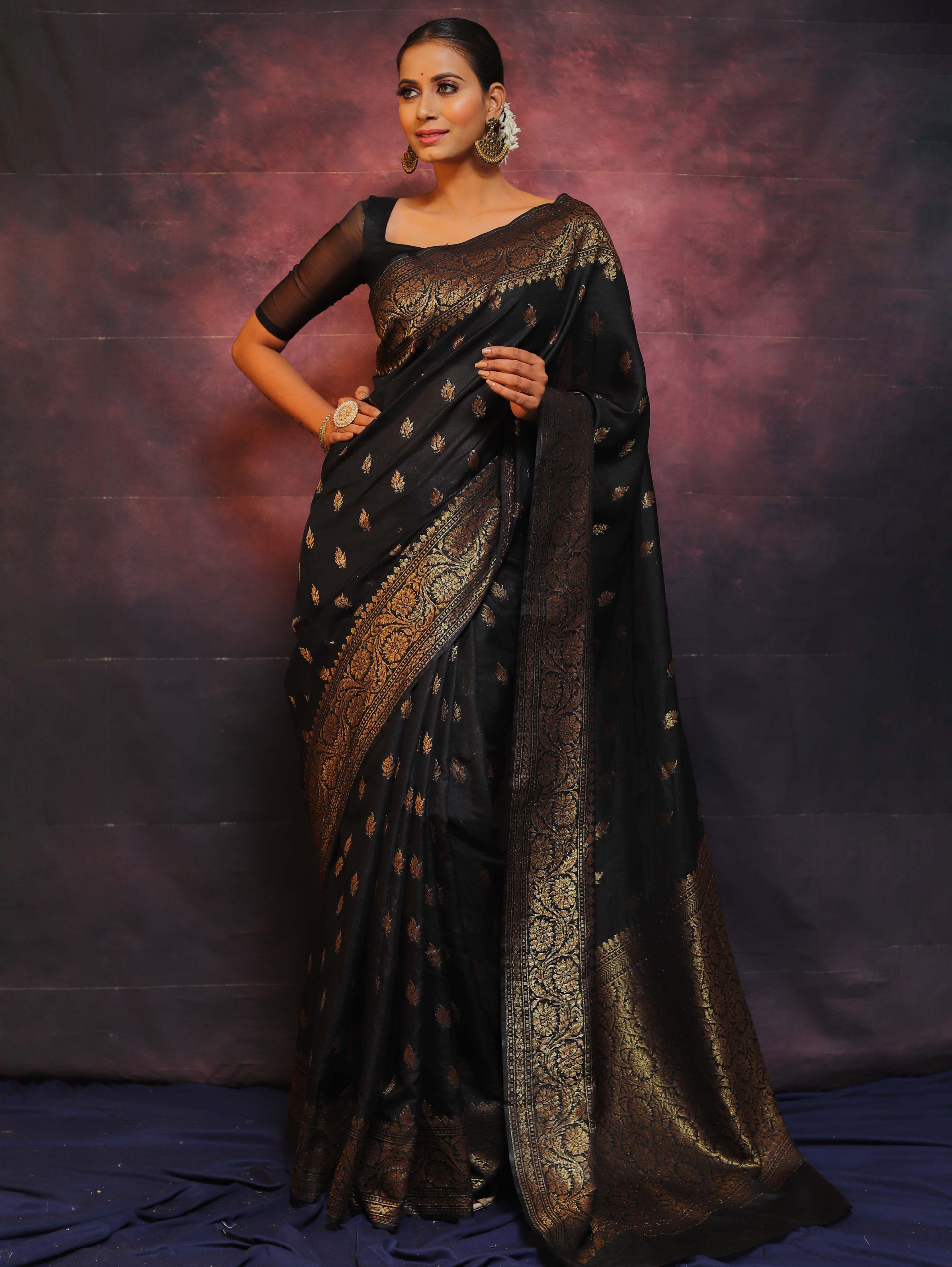 Banarasee Semi-Chiffon Saree With Antique Gold Zari Work-Black