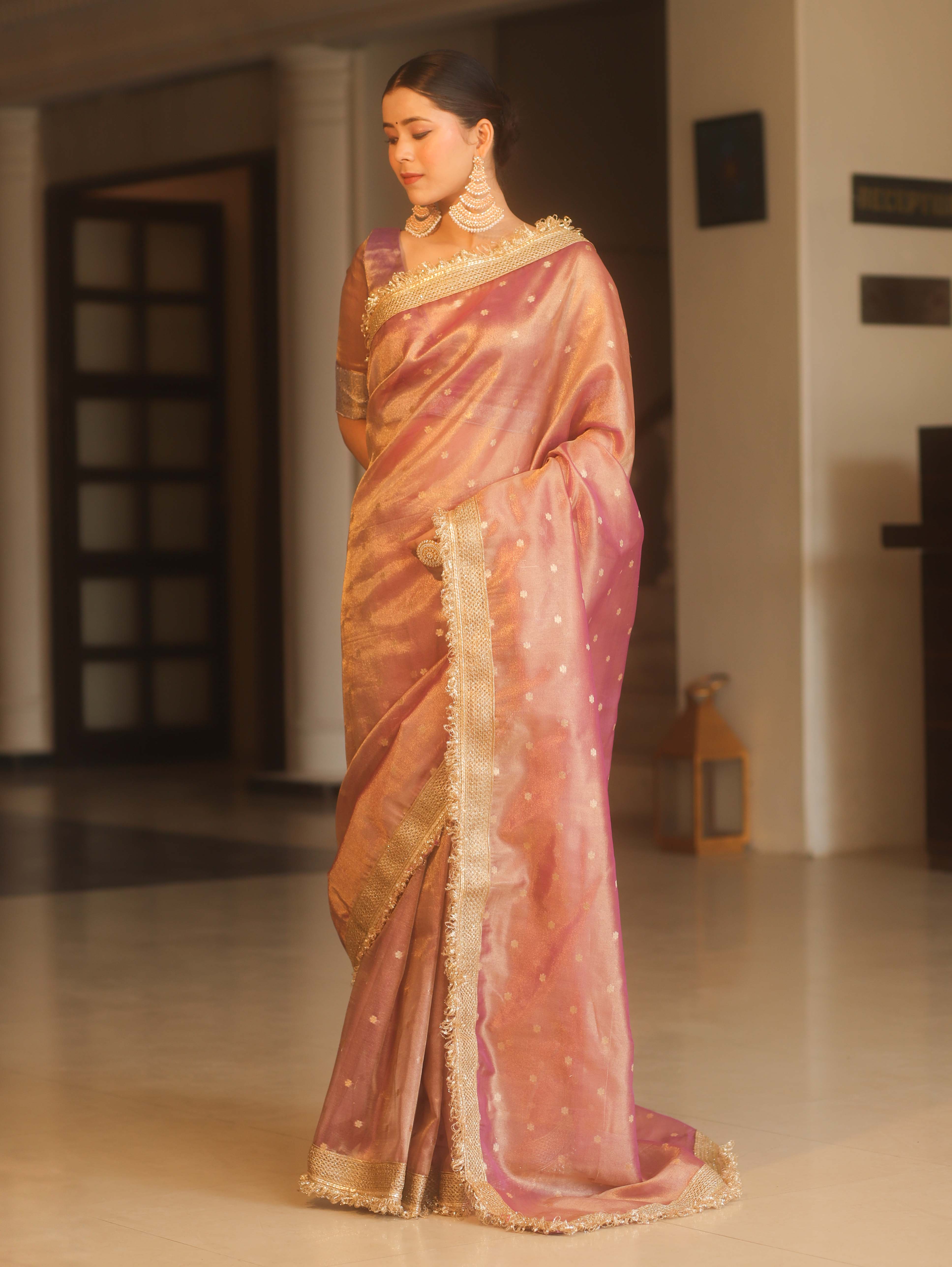Banarasee Handwoven Tissue Saree Zari Buti With Lace-Purple