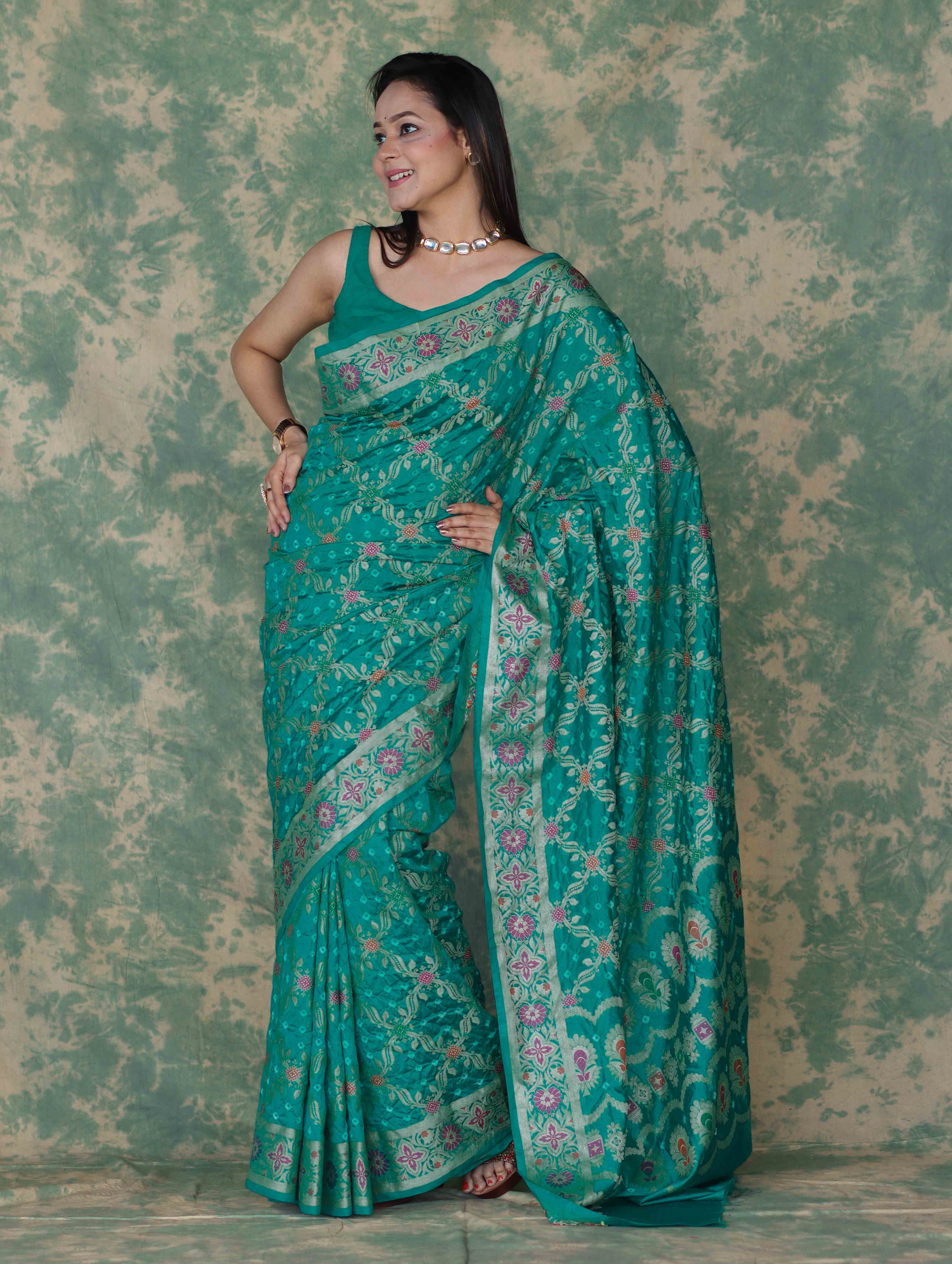 Banarasee Handloom Semi Silk Bandhej Saree With Broad Zari Floral Border-Turquoise Green
