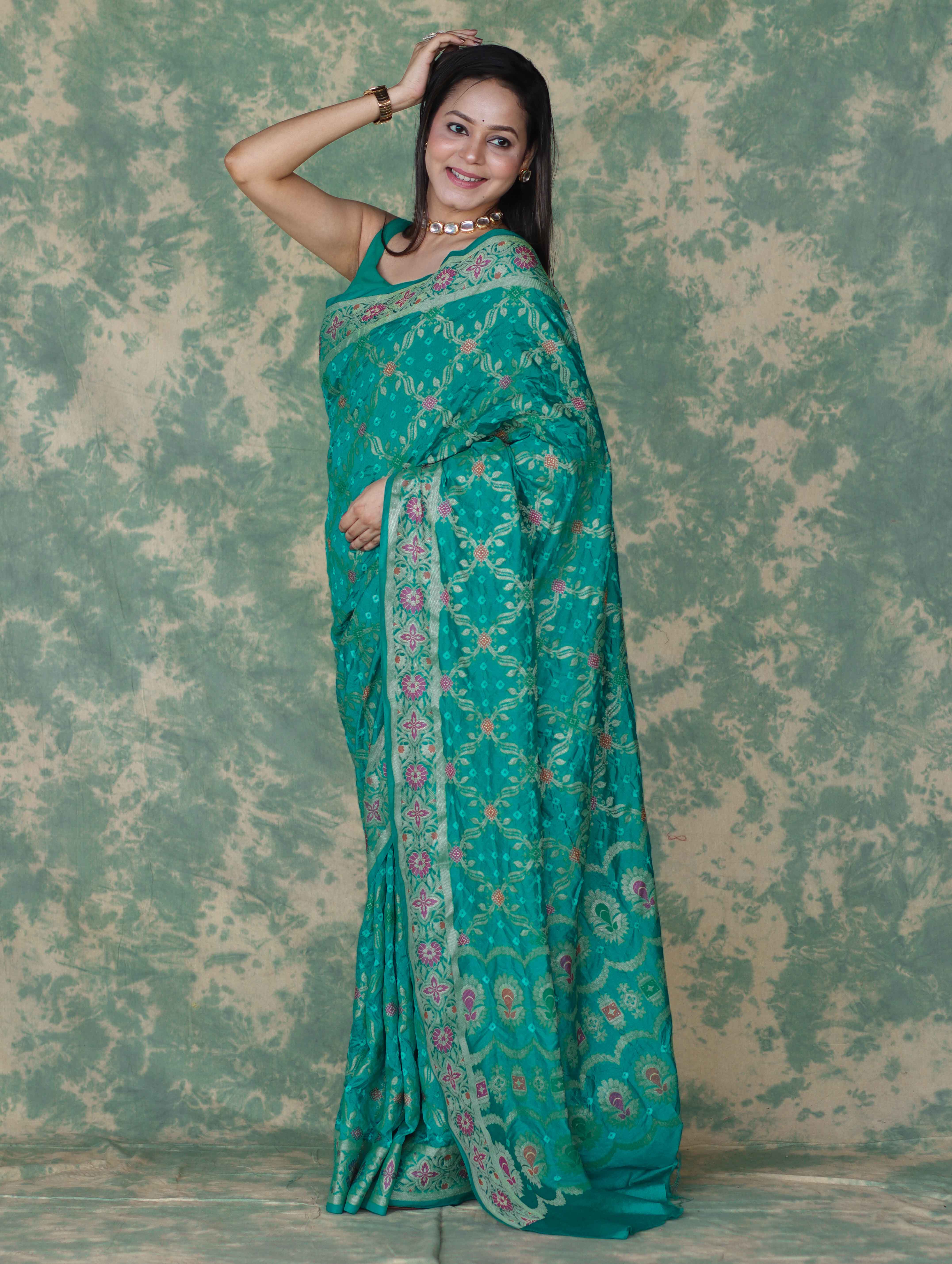 Banarasee Handloom Semi Silk Bandhej Saree With Broad Zari Floral Border-Turquoise Green