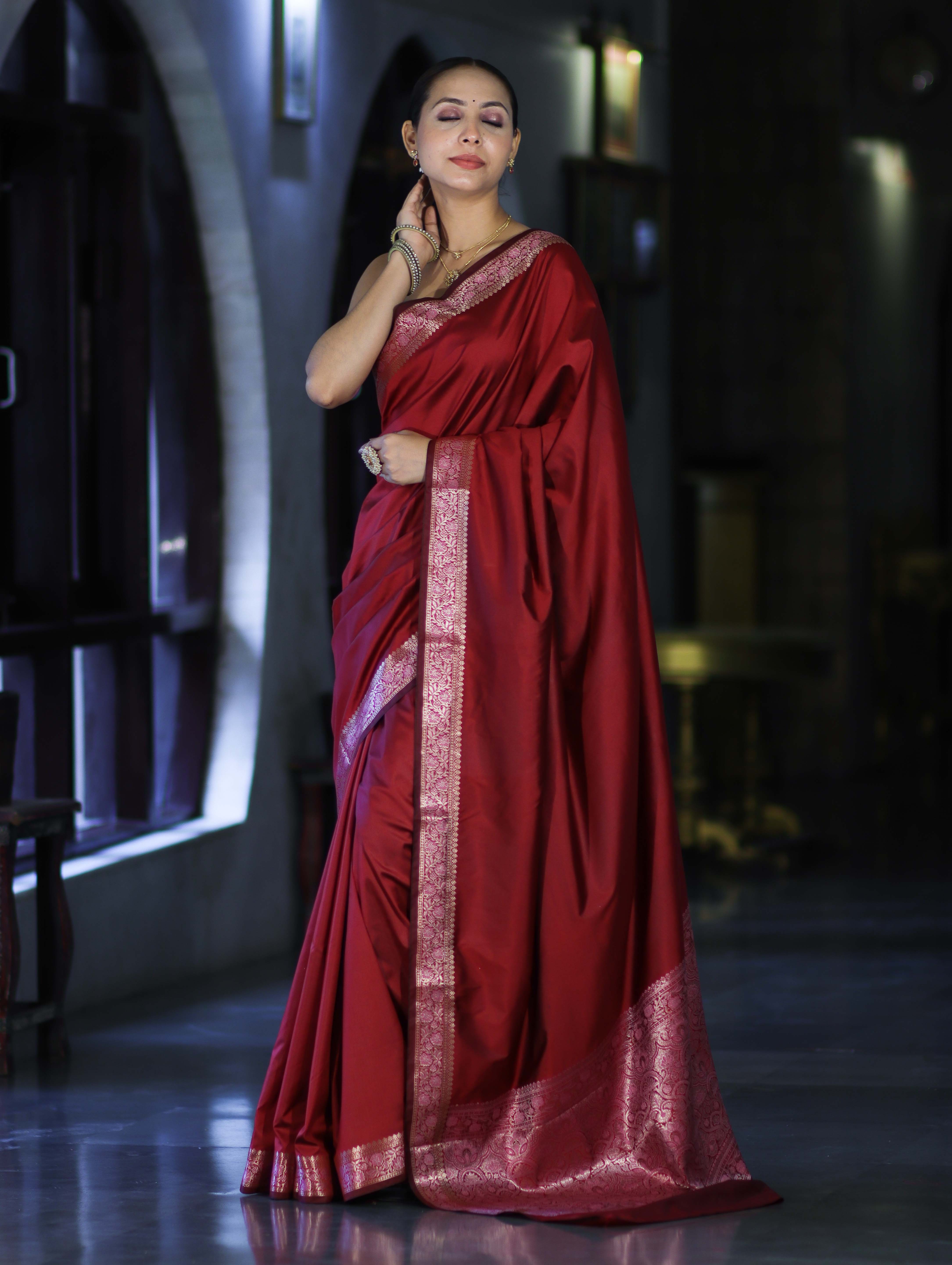 Banarasee Handloom Semi Silk Plain Saree With Floral Zari Border-Deep Maroon