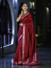 Banarasee Handloom Semi Silk Plain Saree With Floral Zari Border-Deep Maroon