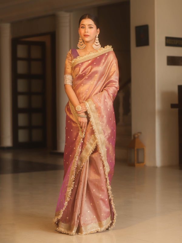 Banarasee Handwoven Tissue Saree Zari Buti With Lace-Purple