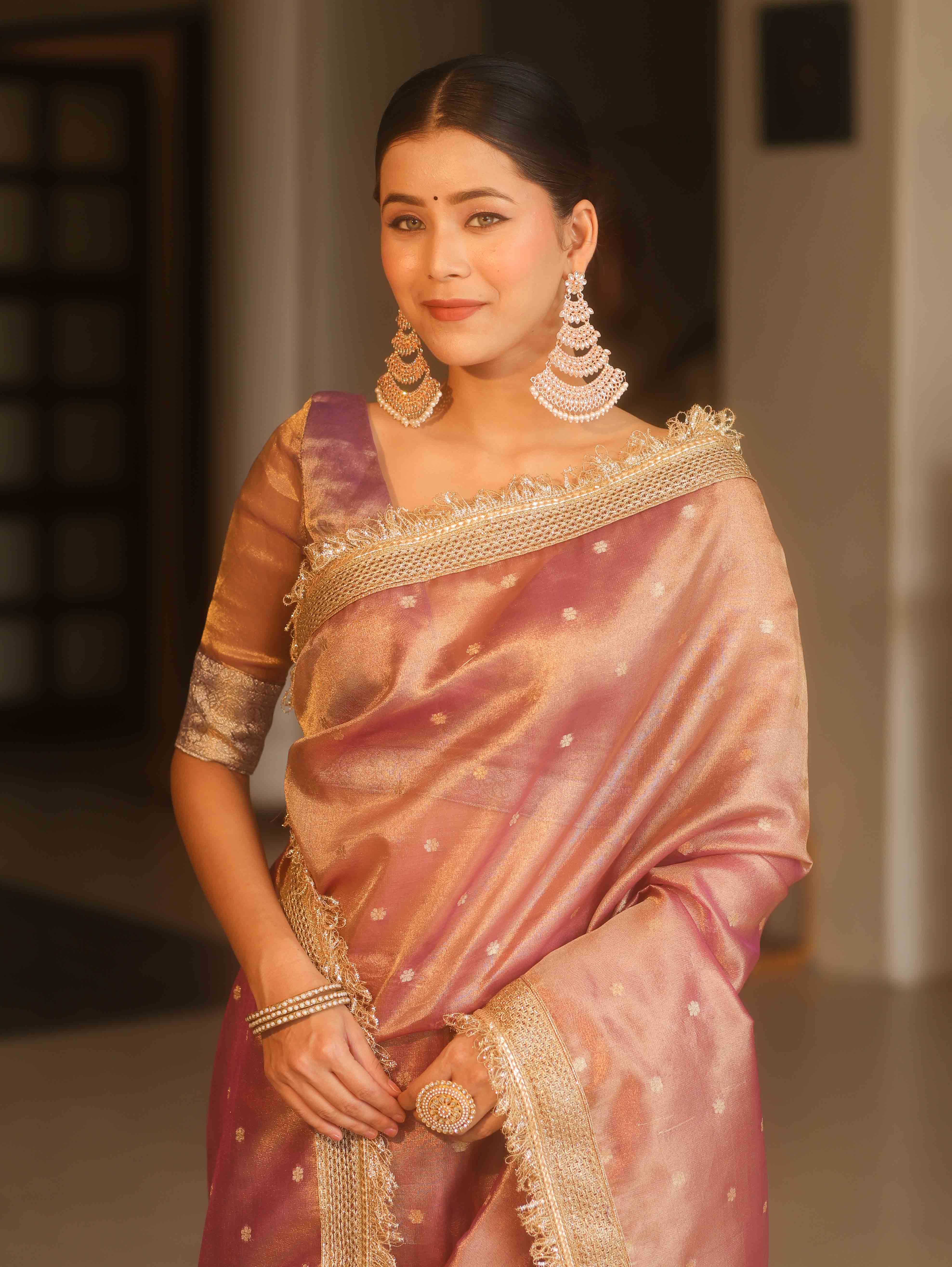 Banarasee Handwoven Tissue Saree Zari Buti With Lace-Purple