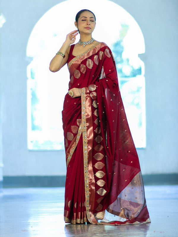 Banarasee Handloom Semi Silk Saree With Sona Rupa Zari Buti Design & Lace Border-Maroon
