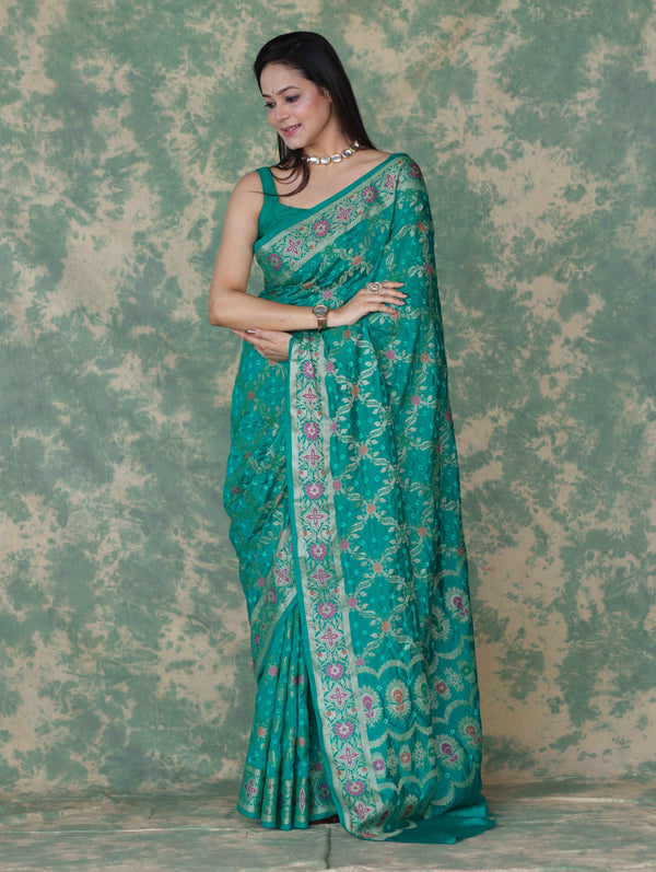 Banarasee Handloom Semi Silk Bandhej Saree With Broad Zari Floral Border-Turquoise Green