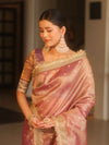 Banarasee Handwoven Tissue Saree Zari Buti With Lace-Purple