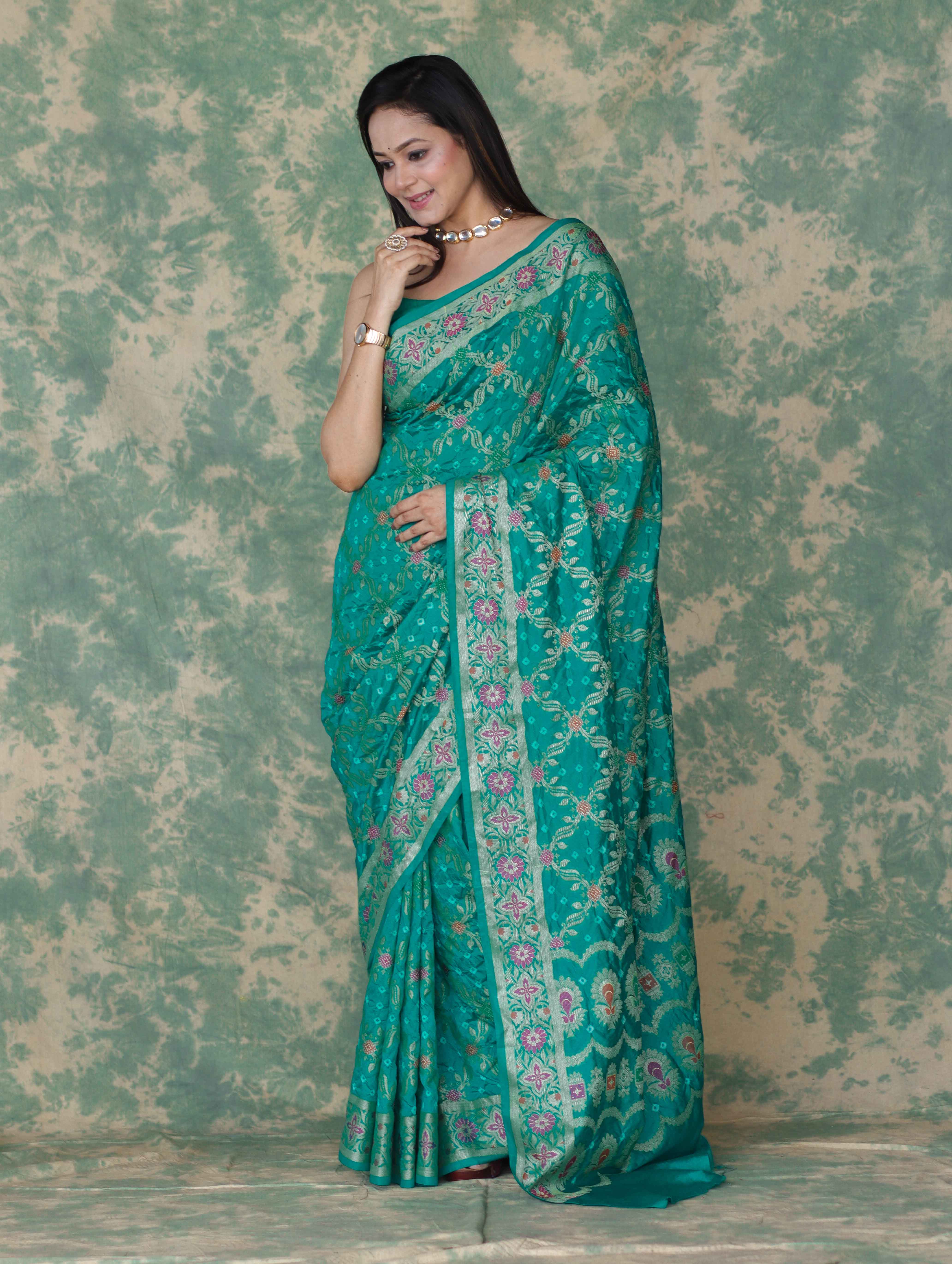 Banarasee Handloom Semi Silk Bandhej Saree With Broad Zari Floral Border-Turquoise Green