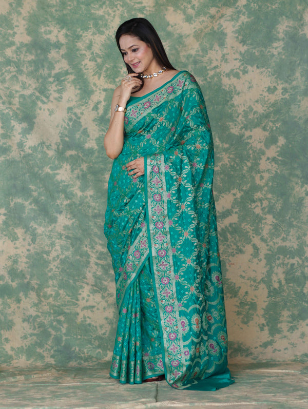 Banarasee Handloom Semi Silk Bandhej Saree With Broad Zari Floral Border-Turquoise Green