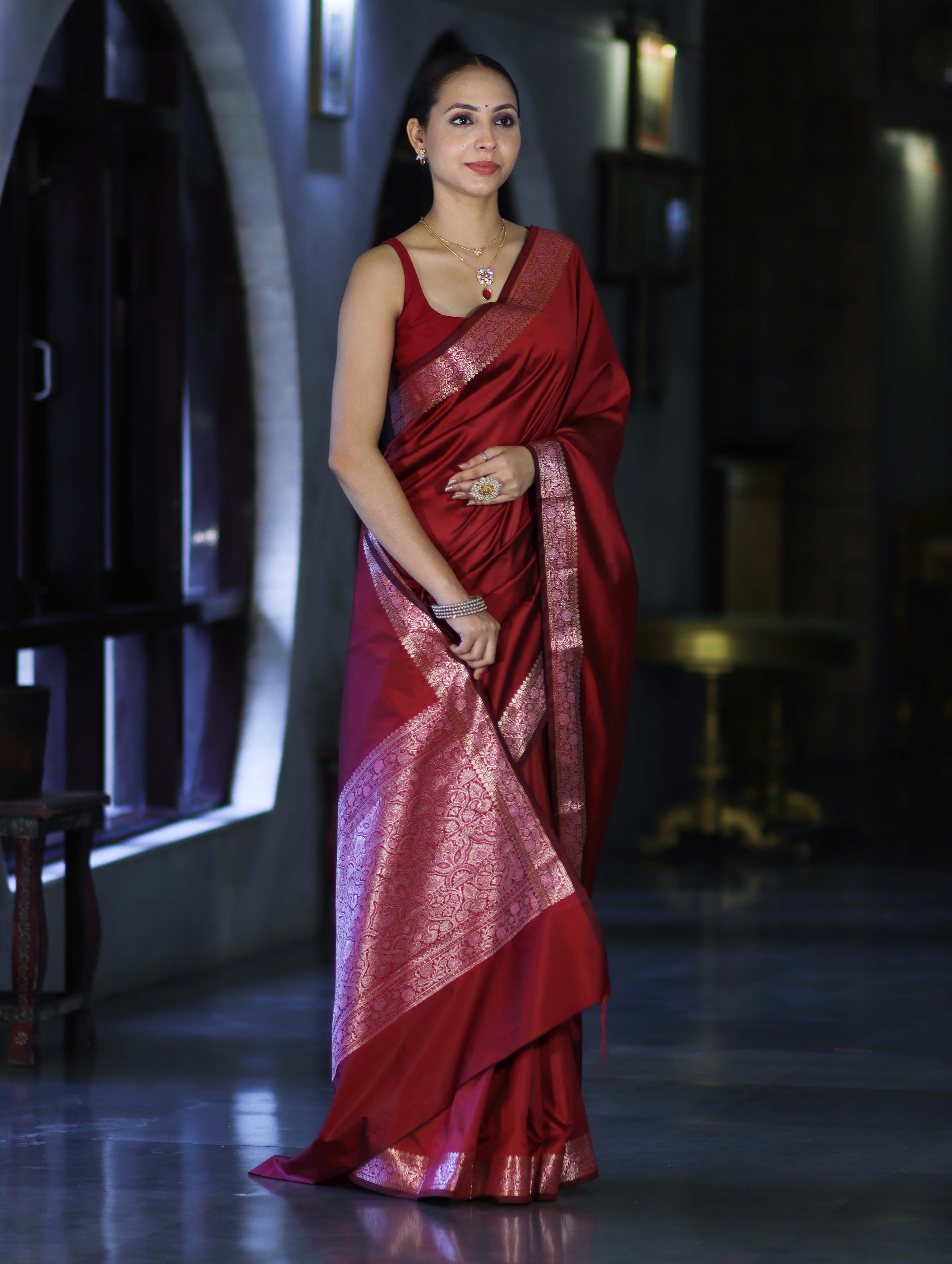 Banarasee Handloom Semi Silk Plain Saree With Floral Zari Border-Deep Maroon