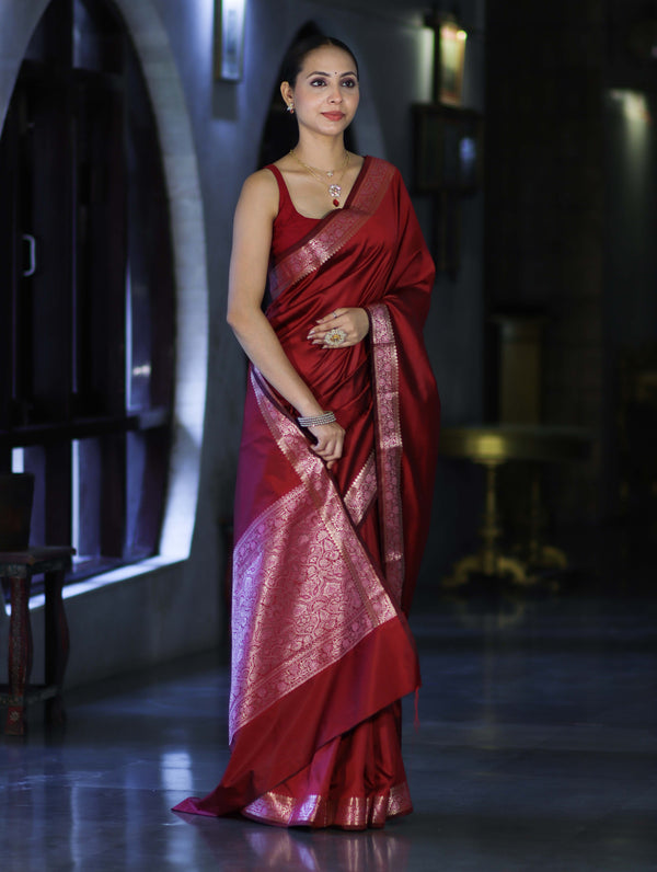 Banarasee Handloom Semi Silk Plain Saree With Floral Zari Border-Deep Maroon