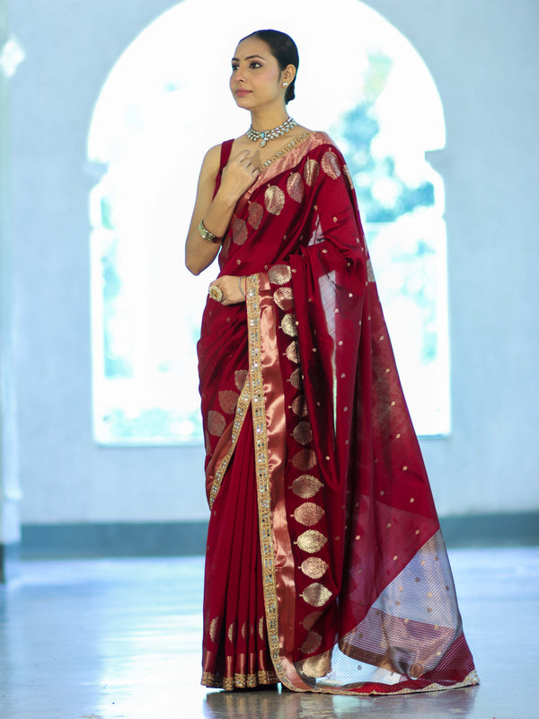 Banarasee Handloom Semi Silk Saree With Sona Rupa Zari Buti Design & Lace Border-Maroon