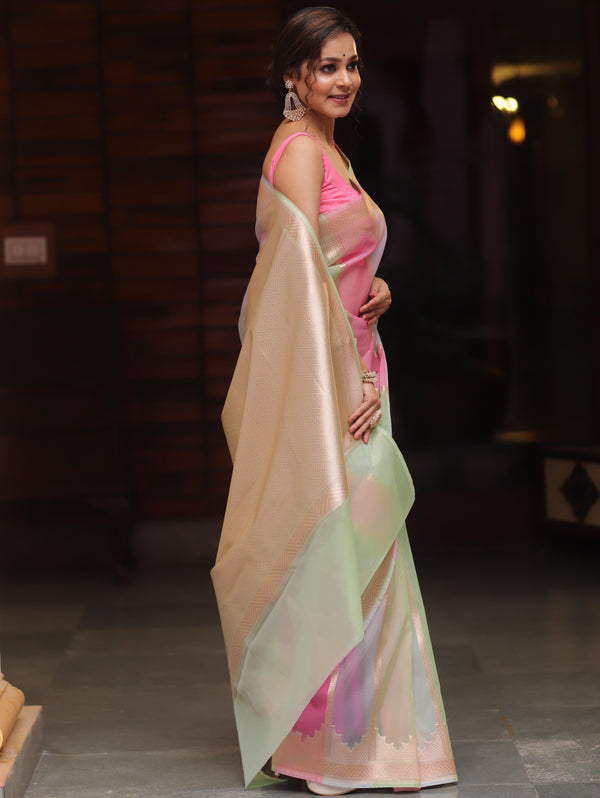 Banarasee Organza Mix Saree With Zari Rangkat Design-Multicolor