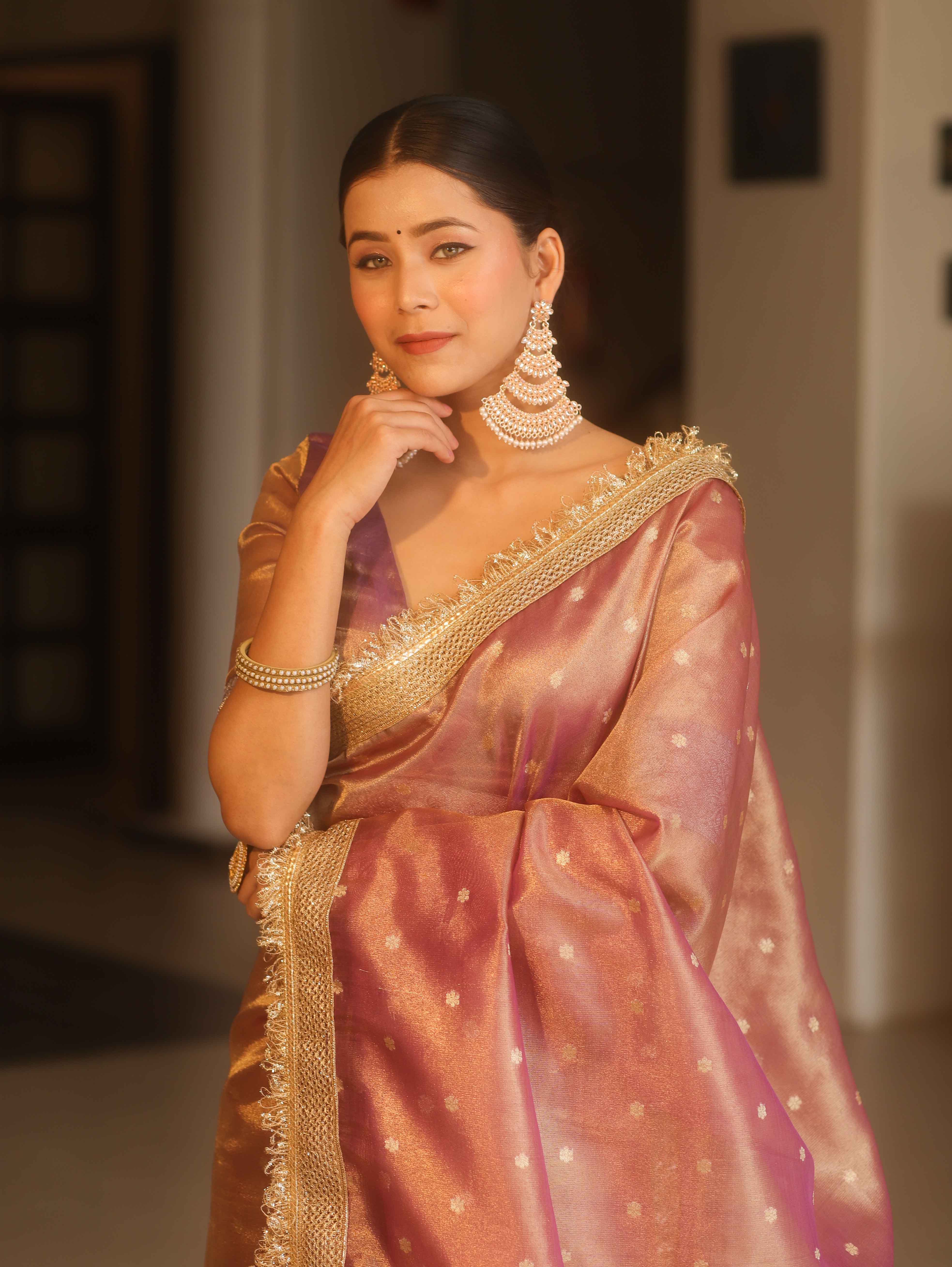 Banarasee Handwoven Tissue Saree Zari Buti With Lace-Purple