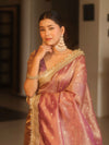 Banarasee Handwoven Tissue Saree Zari Buti With Lace-Purple