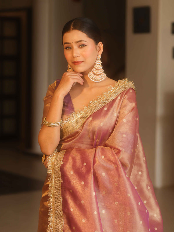 Banarasee Handwoven Tissue Saree Zari Buti With Lace-Purple