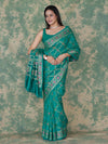 Banarasee Handloom Semi Silk Bandhej Saree With Broad Zari Floral Border-Turquoise Green