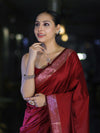 Banarasee Handloom Semi Silk Plain Saree With Floral Zari Border-Deep Maroon