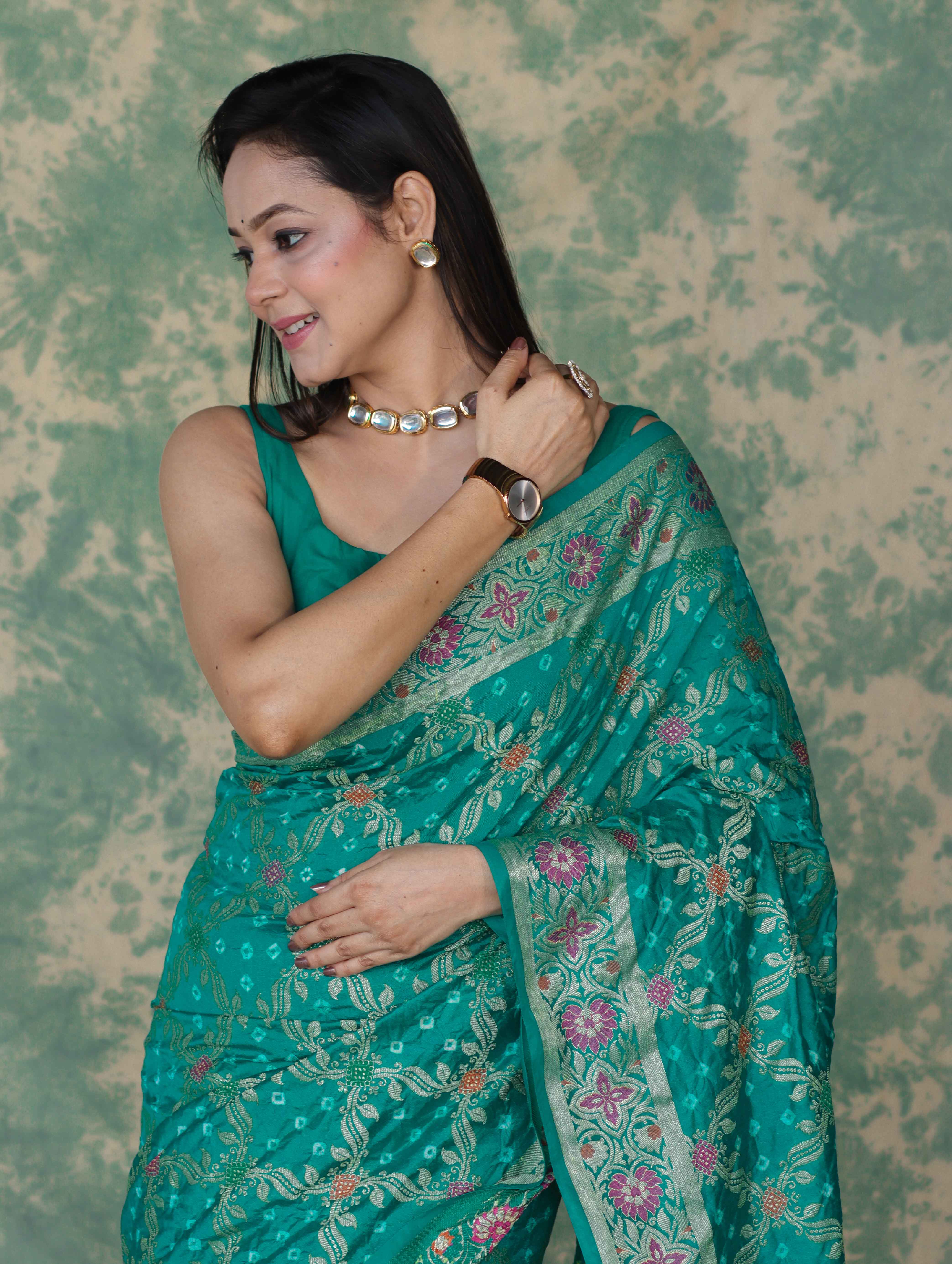 Banarasee Handloom Semi Silk Bandhej Saree With Broad Zari Floral Border-Turquoise Green
